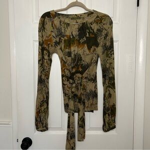 Etro Horse Dog Camo Print Belted Wool Top